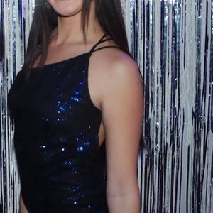 Lucy in the sky blue and black sequin back less mini dress